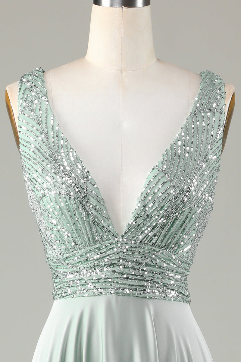 Load image into Gallery viewer, Sparkly V-Neck Matcha Bridesmaid Dress with Sequins
