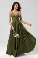 Load image into Gallery viewer, A Line Spaghetti Straps Olive Long Bridesmaid Dress with Ruffles