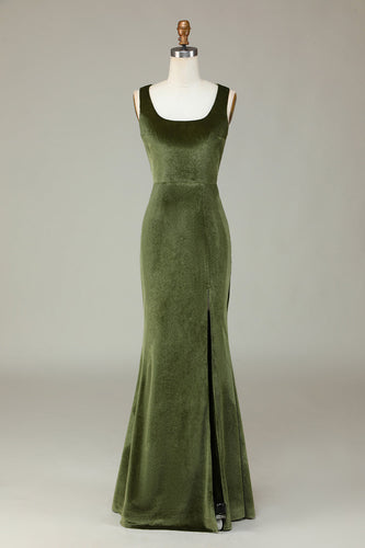 Velvet Mermaid Olive Bridesmaid Dress with Slit