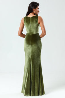 Mermaid Square Neck Olive Long Bridesmaid Dress with Slit