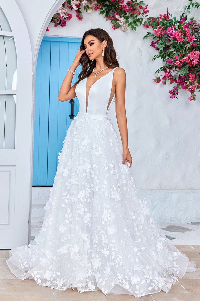 Load image into Gallery viewer, Gorgeous A Line V-Neck Ivory Long Wedding Dress with 3D Flowers