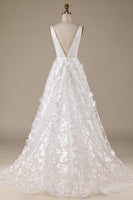 Load image into Gallery viewer, Ivory A-Line V-Neck Wedding Dress with 3D Flowers
