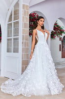 Load image into Gallery viewer, Gorgeous A Line V-Neck Ivory Long Wedding Dress with 3D Flowers