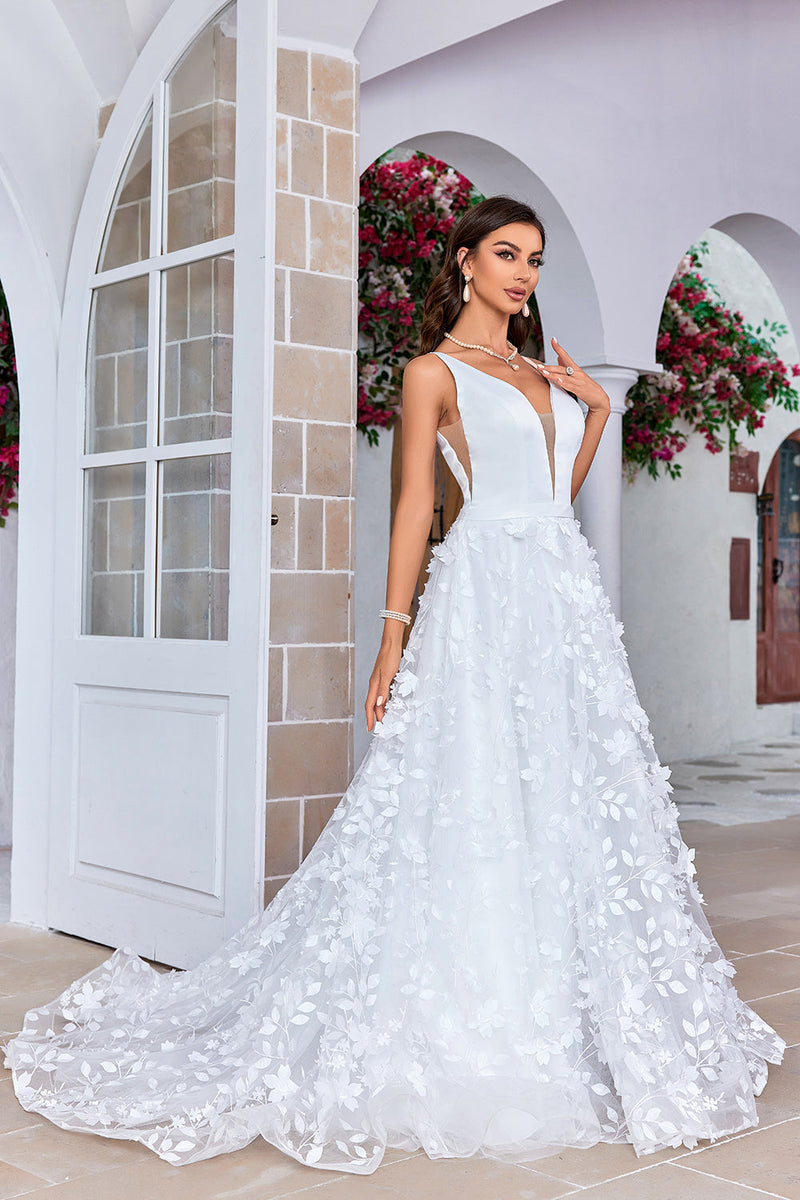 Load image into Gallery viewer, Gorgeous A Line V-Neck Ivory Long Wedding Dress with 3D Flowers