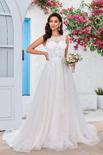 Chraming A Line Square Neck Champagne Tulle Wedding Dress with Lace