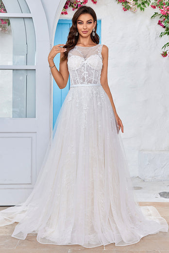 Chraming A Line Square Neck Champagne Tulle Wedding Dress with Lace