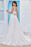 Load image into Gallery viewer, Chraming A Line Square Neck Champagne Tulle Wedding Dress with Lace