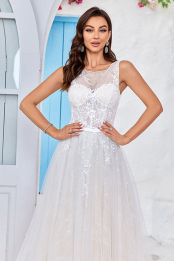 Chraming A Line Square Neck Champagne Tulle Wedding Dress with Lace