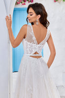 Load image into Gallery viewer, Chraming A Line Square Neck Champagne Tulle Wedding Dress with Lace