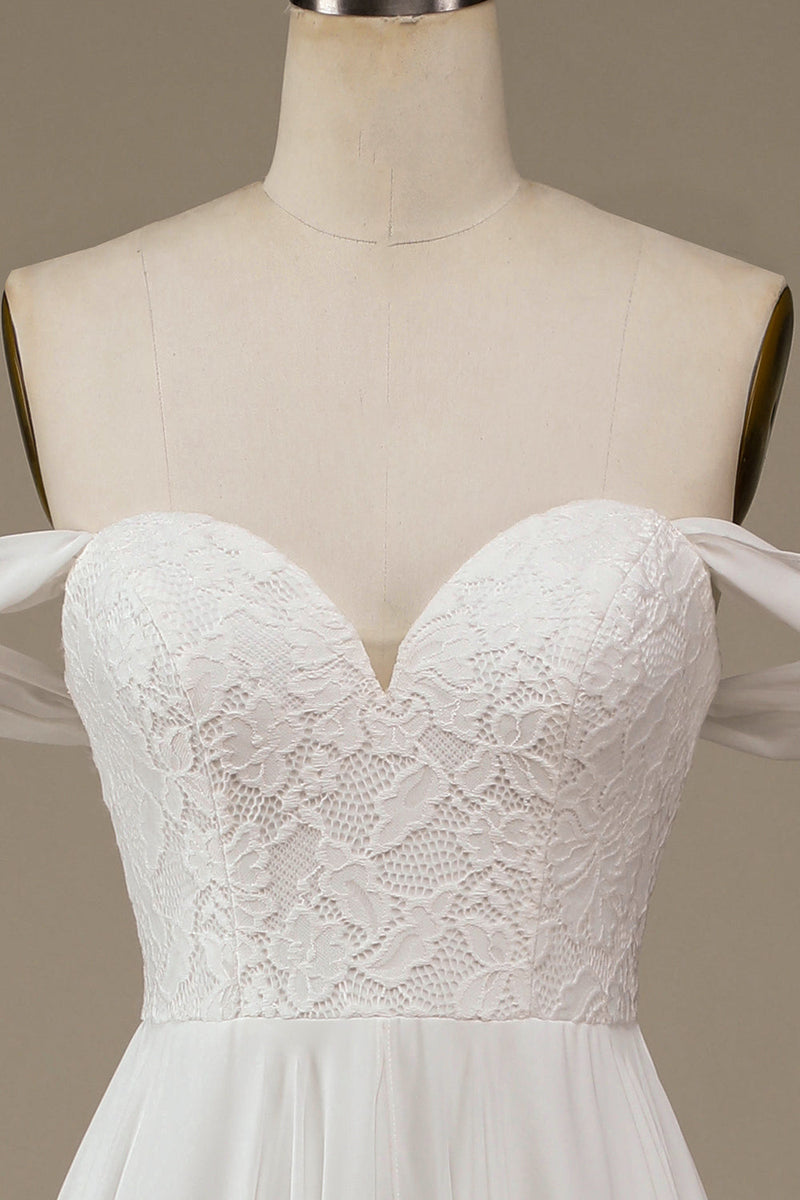 Load image into Gallery viewer, Ivory Boho Chiffon Asymmetrical Wedding Dress with Lace