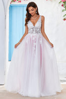 Load image into Gallery viewer, Charming A Line V-Neck Pink Tulle Sweep Train Wedding Dress with Appliques