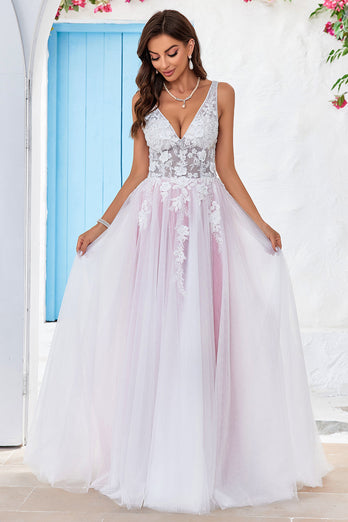 Charming A Line V-Neck Pink Tulle Sweep Train Wedding Dress with Appliques
