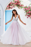 Load image into Gallery viewer, Charming A Line V-Neck Pink Tulle Sweep Train Wedding Dress with Appliques