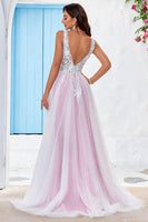 Load image into Gallery viewer, Charming A Line V-Neck Pink Tulle Sweep Train Wedding Dress with Appliques