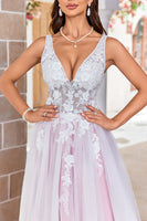 Load image into Gallery viewer, Charming A Line V-Neck Pink Tulle Sweep Train Wedding Dress with Appliques