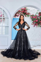 Load image into Gallery viewer, Elegant A Line V Neck Black Long Sleeves Chapel Train Lace Wedding Dress