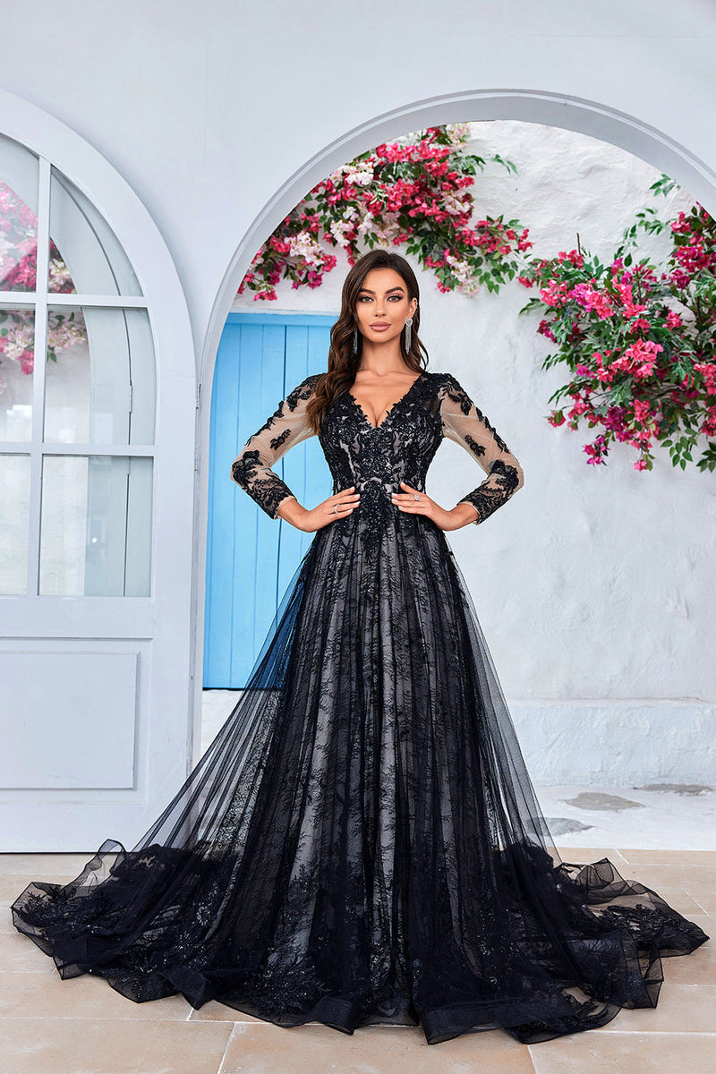 Hellymoon Women Sparkly Black Chapel Train Lace Wedding Dress Long Sleeves A-Line Bridal Dress – hellymoonuk