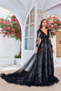 Load image into Gallery viewer, Elegant A Line V Neck Black Long Sleeves Chapel Train Lace Wedding Dress