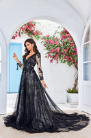 Load image into Gallery viewer, Elegant A Line V Neck Black Long Sleeves Chapel Train Lace Wedding Dress