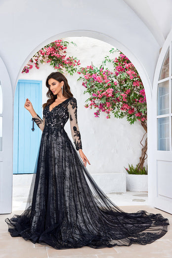 Elegant A Line V Neck Black Long Sleeves Chapel Train Lace Wedding Dress