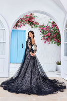 Load image into Gallery viewer, Elegant A Line V Neck Black Long Sleeves Chapel Train Lace Wedding Dress