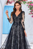 Load image into Gallery viewer, Elegant A Line V Neck Black Long Sleeves Chapel Train Lace Wedding Dress