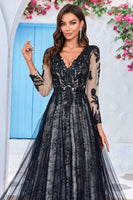 Load image into Gallery viewer, Elegant A Line V Neck Black Long Sleeves Chapel Train Lace Wedding Dress