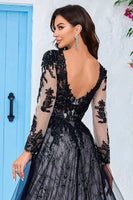 Load image into Gallery viewer, Elegant A Line V Neck Black Long Sleeves Chapel Train Lace Wedding Dress