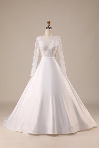 Ivory Satin Sweep Train Long Sleeves Wedding Dress