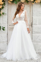 Load image into Gallery viewer, Deep V-Neck Ivory Tulle Sweep Train Wedding Dress with Lace