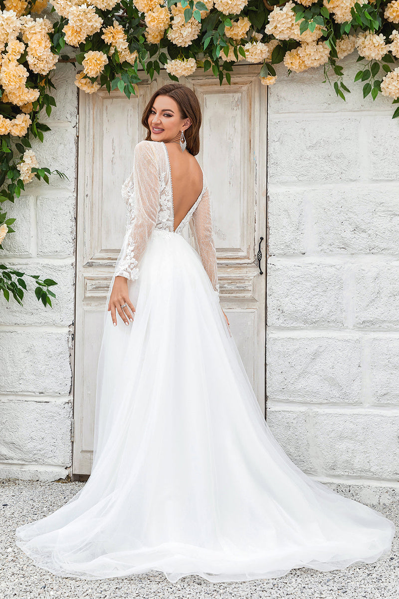 Load image into Gallery viewer, Deep V-Neck Ivory Tulle Sweep Train Wedding Dress with Lace