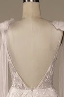 Load image into Gallery viewer, Ivory V-Neck Lace A-Line Wedding Dress with Bowknot