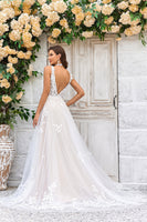 Load image into Gallery viewer, Gorgeous A Line Deep V Neck Champagne Tulle Wedding Dress with Lace
