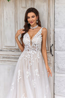 Load image into Gallery viewer, Gorgeous A Line Deep V Neck Champagne Tulle Wedding Dress with Lace