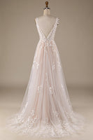 Load image into Gallery viewer, Champagne V-Neck Backless Tulle Wedding Dress with Lace
