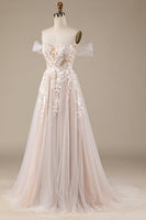 Load image into Gallery viewer, Champagne Tulle Detachable Off the Shoulder Wedding Dress with Lace