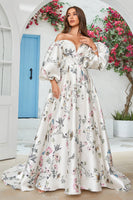 Load image into Gallery viewer, Ivory Floral Satin Chapel Train Wedding Dress