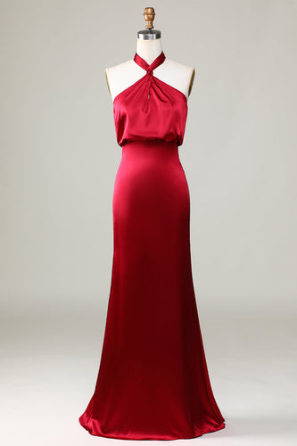 Mermaid Halter Sleeveless Burgundy Satin Bridesmaid Dress