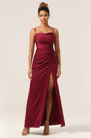 Load image into Gallery viewer, Simple Mermaid Spaghetti Straps Burgundy Long Bridesmaid Dress with Split Front