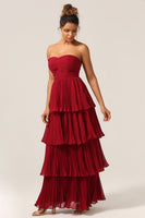 Load image into Gallery viewer, Charming A Line Strapless Burgudy Long Bridesmaid Dress with Ruffles