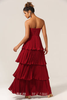 Charming A Line Strapless Burgudy Long Bridesmaid Dress with Ruffles