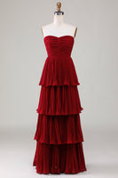 Load image into Gallery viewer, Strapless Tiered Burgundy Long Bridesmaid Dress