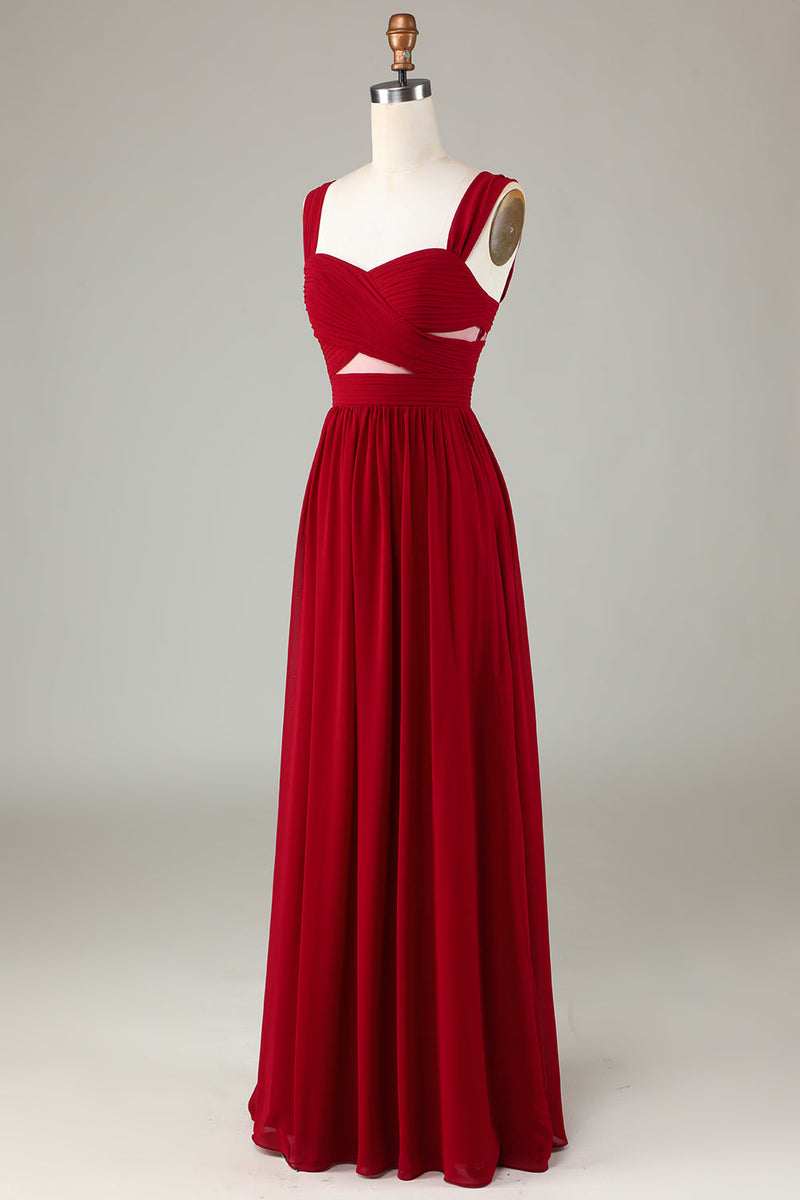 Load image into Gallery viewer, Burgundy Cut Out A Line Long Bridesmaid Dress