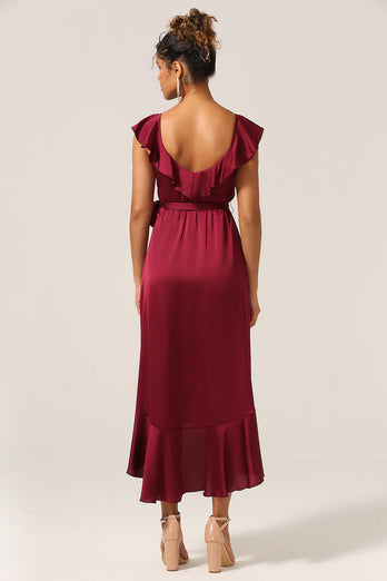A Line V-Neck Burgundy Bridesmaid Dress with Ruffles