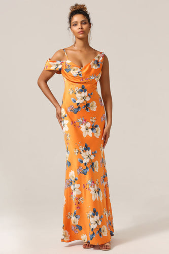 Trendy Mermaid One Shoulder Printed Orange Flower Bridesmaid Dress