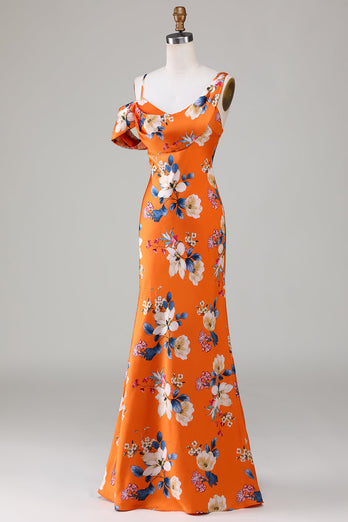 Printed Orange Flower Mermaid Bridesmaid Dress
