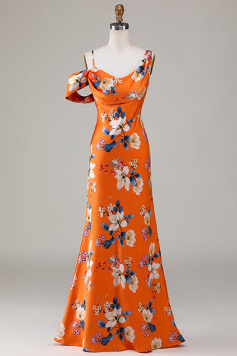Printed Orange Flower Mermaid Bridesmaid Dress