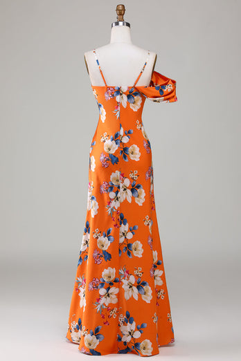 Printed Orange Flower Mermaid Bridesmaid Dress