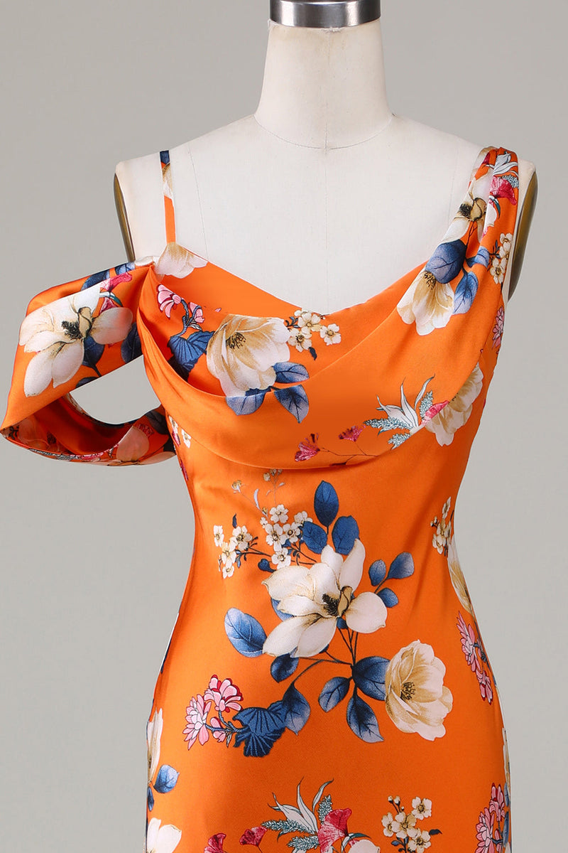 Load image into Gallery viewer, Printed Orange Flower Mermaid Bridesmaid Dress