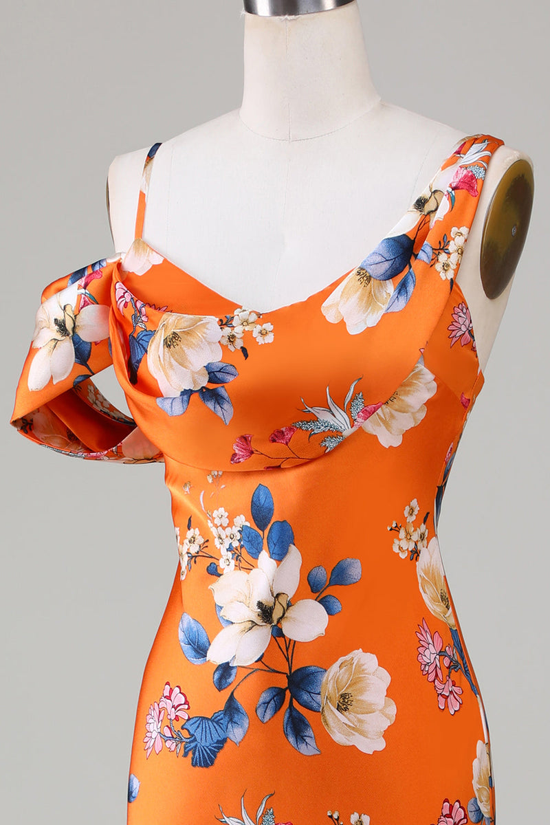 Load image into Gallery viewer, Printed Orange Flower Mermaid Bridesmaid Dress